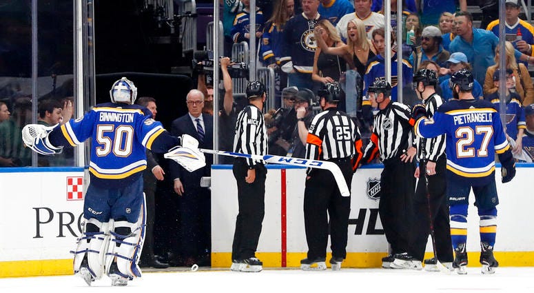St. Louis Blues goaltender Jordan Binnington (50) and defenseman Alex Pietrangelo (27) argue against the winning goal by the San Jose Sharks in overtime of Game 3 of the NHL hockey Stanley Cup Western Conference final series Wednesday, May 15, 2019, in St St. Louis Blues goaltender Jordan Binnington (50) and defenseman Alex Pietrangelo (27) argue against the winning goal by the San Jose Sharks in overtime of Game 3 of the NHL hockey Stanley Cup Western Conference final series Wednesday, May 15, 2019, in St