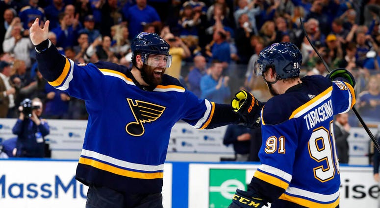St. Louis Blues left wing Pat Maroon, left, and right wing Vladimir Tarasenko AP DO NOT USE