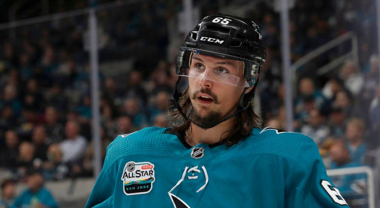In this Oct. 3, 2018, file photo, San Jose Sharks defenseman Erik Karlsson, from Sweden, watches during a break in the second period of an NHL hockey game against the Anaheim Ducks in San Jose, Calif. AP DO NOT USE