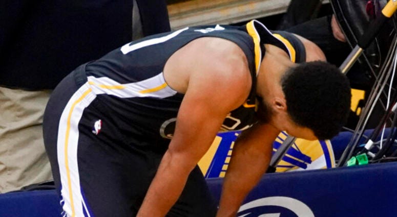 Golden State Warriors guard Stephen Curry reacts during the second half of Game 4 of basketball's NBA Finals against the Toronto Raptors in Oakland, Calif., Friday, June 7, 2019. Golden State Warriors guard Stephen Curry reacts during the second half of Game 4 of basketball's NBA Finals against the Toronto Raptors in Oakland, Calif., Friday, June 7, 2019.