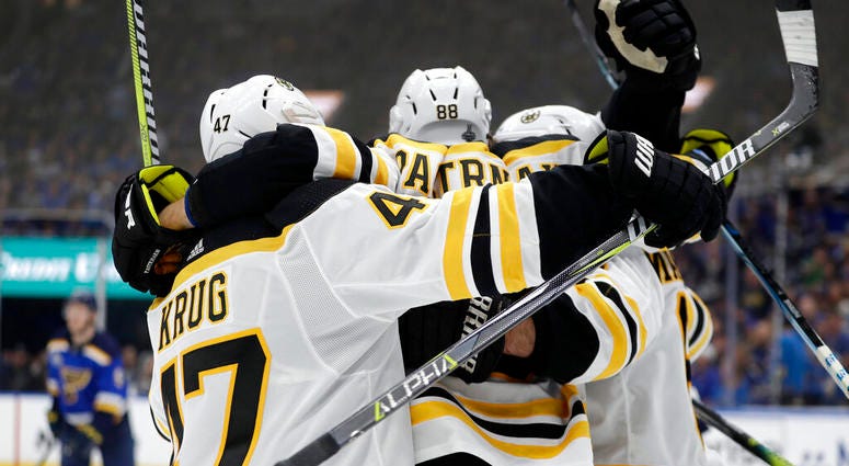 Boston Bruins right wing David Pastrnak (88), of the Czech Republic, celebrates after scoring against the St. Louis Blues during the third period of Game 6 of the NHL hockey Stanley Cup Final Sunday, June 9, 2019, in St. Louis. The Bruins won 5-1 to even AP DO NOT USE