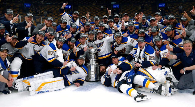 The St. Louis Blues celebrate with the Stanley Cup after they defeated the Boston Bruins in Game 7 of the NHL Stanley Cup Final, Wednesday, June 12, 2019, in Boston. The St. Louis Blues celebrate with the Stanley Cup after they defeated the Boston Bruins in Game 7 of the NHL Stanley Cup Final, Wednesday, June 12, 2019, in Boston.