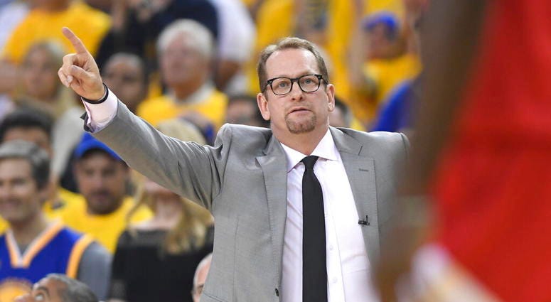 Toronto Raptors coach Nick Nurse signals during the first half against the Golden State Warriors in Game 6 of basketball’s NBA Finals, Thursday, June 13, 2019, in Oakland, Calif. Toronto Raptors coach Nick Nurse signals during the first half against the Golden State Warriors in Game 6 of basketball’s NBA Finals, Thursday, June 13, 2019, in Oakland, Calif.