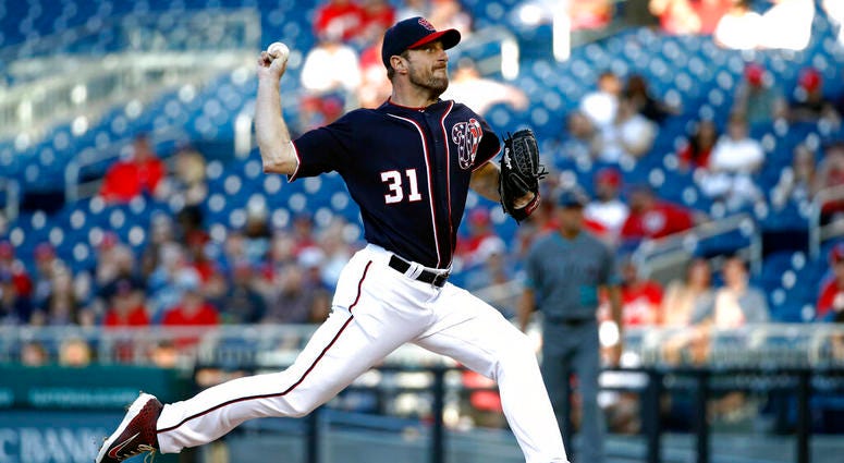 Washington Nationals starting pitcher Max Scherzer throws to an Arizona Diamondbacks batter during the second inning of a baseball game Friday, June 14, 2019, in Washington. AP DO NOT USE
