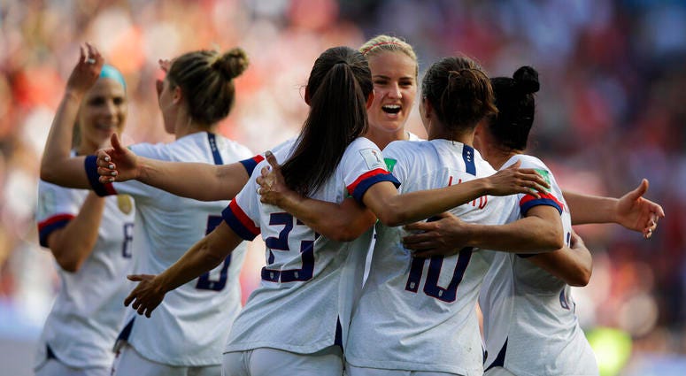 US players celebrate after teammate Carli Lloyd scored their side's third goal during the Women's World Cup Group F soccer match between United States and Chile at Parc des Princes in Paris, France, Sunday, June 16, 2019. US players celebrate after teammate Carli Lloyd scored their side's third goal during the Women's World Cup Group F soccer match between United States and Chile at Parc des Princes in Paris, France, Sunday, June 16, 2019.