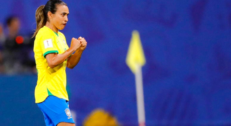 Brazil's Marta reacts during the Women's World Cup Group C soccer match between Italy and Brazil at the Stade du Hainaut in Valenciennes, France, Tuesday, June 18, 2019. AP DO NOT USE