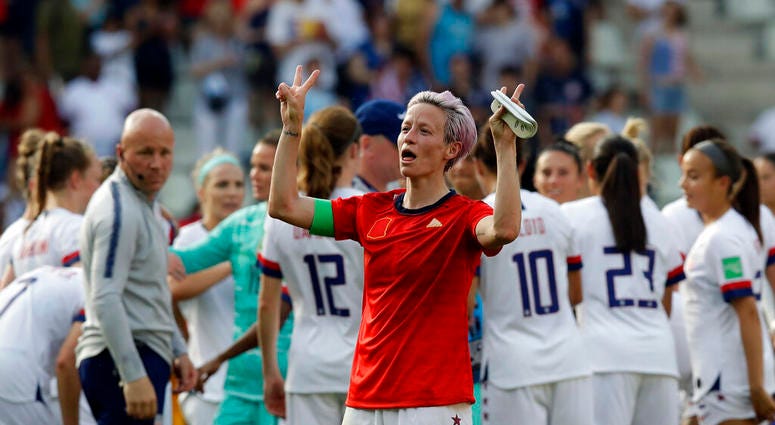 United States'Megan Rapinoe celebrates at the end of the Women's World Cup round of 16 soccer match between Spain and US at the Stade Auguste-Delaune in Reims, France, Monday, June 24, 2019. US beat Spain 2-1 AP DO NOT USE