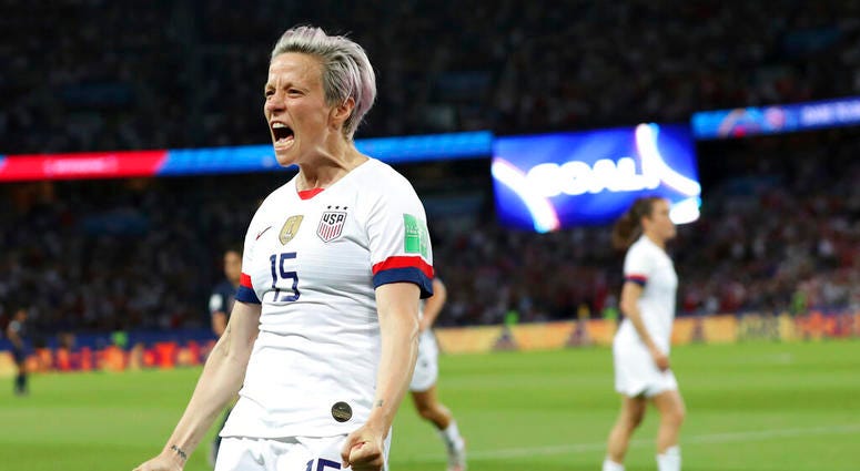 United States' Megan Rapinoe celebrates after scoring her side's second goal during the Women's World Cup quarterfinal soccer match between France and the United States at the Parc des Princes, in Paris, Friday, June 28, 2019 United States' Megan Rapinoe celebrates after scoring her side's second goal during the Women's World Cup quarterfinal soccer match between France and the United States at the Parc des Princes, in Paris, Friday, June 28, 2019