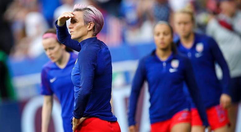 United States' Megan Rapinoe warms up before the Women's World Cup semifinal soccer match between England and the United States, at the Stade de Lyon outside Lyon, France, Tuesday, July 2, 2019. United States' Megan Rapinoe warms up before the Women's World Cup semifinal soccer match between England and the United States, at the Stade de Lyon outside Lyon, France, Tuesday, July 2, 2019.