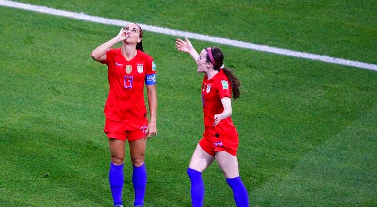 United States' Alex Morgan, left, celebrates her side's second goal during the Women's World Cup semifinal soccer match between England and the United States, at the Stade de Lyon outside Lyon, France, Tuesday, July 2, 2019. United States' Alex Morgan, left, celebrates her side's second goal during the Women's World Cup semifinal soccer match between England and the United States, at the Stade de Lyon outside Lyon, France, Tuesday, July 2, 2019.