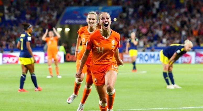 Netherlands' Jackie Groenen celebrates after scoring during the Women's World Cup semifinal soccer match between the Netherlands and Sweden, at the Stade de Lyon outside Lyon, France, Wednesday, July 3, 2019. Netherlands' Jackie Groenen celebrates after scoring during the Women's World Cup semifinal soccer match between the Netherlands and Sweden, at the Stade de Lyon outside Lyon, France, Wednesday, July 3, 2019.