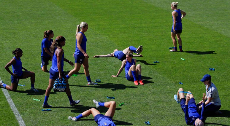 United States' players warm up during a training session at the Gymnase Parc des Sports in Limonest, outside Lyon, France, a day before their Women's World Cup final match against the Netherlands, Saturday, July 6, 2019. United States' players warm up during a training session at the Gymnase Parc des Sports in Limonest, outside Lyon, France, a day before their Women's World Cup final match against the Netherlands, Saturday, July 6, 2019.