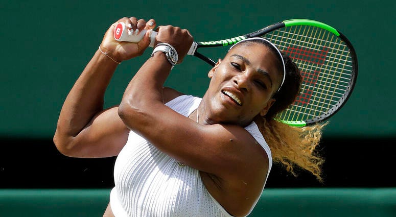 United States' Serena Williams returns to Czech Republic's Barbora Strycova in a Women's semifinal singles match on day ten of the Wimbledon Tennis Championships in London, Thursday, July 11, 2019. United States' Serena Williams returns to Czech Republic's Barbora Strycova in a Women's semifinal singles match on day ten of the Wimbledon Tennis Championships in London, Thursday, July 11, 2019.