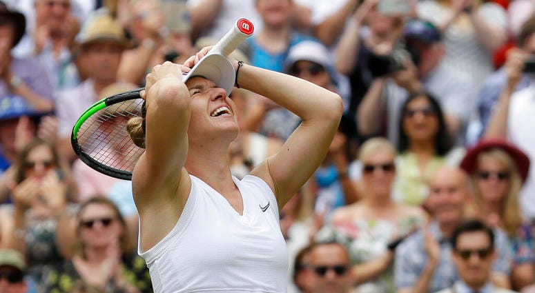 Romania's Simona Halep celebrates after defeating United States' Serena Williams during the women's singles final match on day twelve of the Wimbledon Tennis Championships in London, Saturday, July 13, 2019. Romania's Simona Halep celebrates after defeating United States' Serena Williams during the women's singles final match on day twelve of the Wimbledon Tennis Championships in London, Saturday, July 13, 2019.