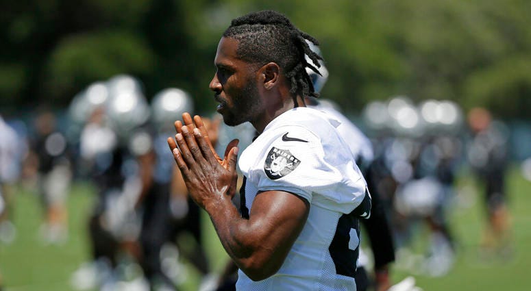 n this June 11, 2019, file photo, Oakland Raiders wide receiver Antonio Brown is shown during an NFL football minicamp in Alameda, Calif. The Raiders and their big personalities like Antonio Brown and Richie Incognito are ready to be stars on HBO
