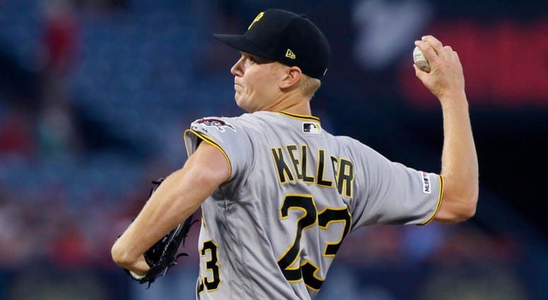 Pittsburgh Pirates starting pitcher Mitch Keller throws to a Los Angeles Angels batter during the first inning of a baseball game in Anaheim, Calif., Monday, Aug. 12, 2019. ap do not use