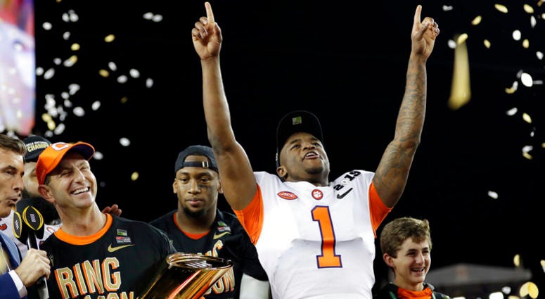 In this Jan. 7, 2019, file photo, Clemson's Trayvon Mullen celebrates after the NCAA college football playoff championship game against Alabama, in Santa Clara, Calif. AP DO NOT USE