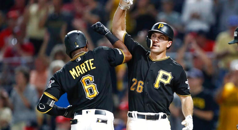 Pittsburgh Pirates' Starling Marte (6) celebrates with Adam Frazier after hitting a three-run home run in the eighth inning of a baseball game, Tuesday, Aug. 20, 2019, in Pittsburgh. AP DO NOT USE