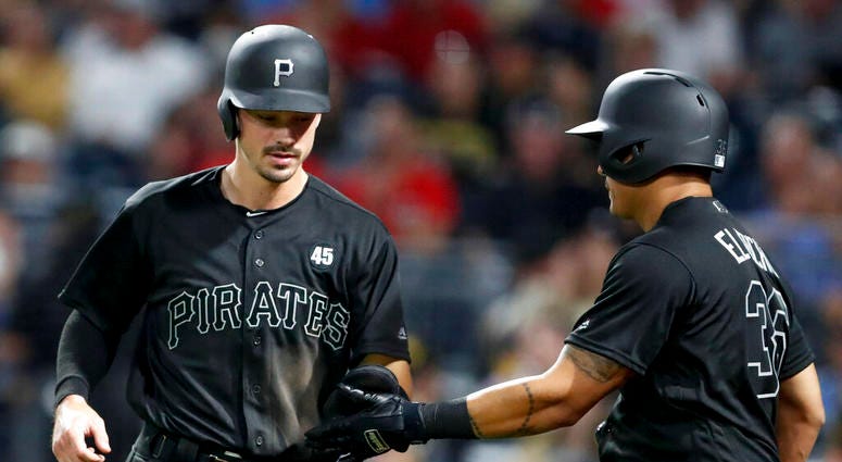 Pittsburgh Pirates' Bryan Reynolds, left, is greeted by on-deck batter Jose Osuna after scoring on a groundout by Colin Moran during the sixth inning of the team's baseball game against the Cincinnati Reds, Friday, Aug. 23, 2019, in Pittsburgh. Pittsburgh Pirates' Bryan Reynolds, left, is greeted by on-deck batter Jose Osuna after scoring on a groundout by Colin Moran during the sixth inning of the team's baseball game against the Cincinnati Reds, Friday, Aug. 23, 2019, in Pittsburgh.