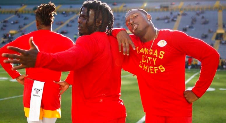 Kansas City Chiefs' Tyreek Hill and Mecole Hardman have some fun before a preseason NFL football game Thursday, Aug. 29, 2019, in Green Bay, Wis. AP DO NOT USE