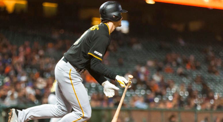 Pittsburgh Pirates' Bryan Reynolds hits a RBI single for the go-ahead run against the San Francisco Giants in the ninth inning of a baseball game in San Francisco, Monday, Sept. 9, 2019. AP DO NOT USE