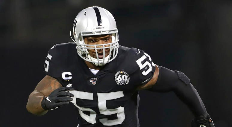 In this Sept. 9, 2019, file photo, Oakland Raiders linebacker Vontaze Burfict (55) runs to help make the stop on a rushing play during an NFL football game,