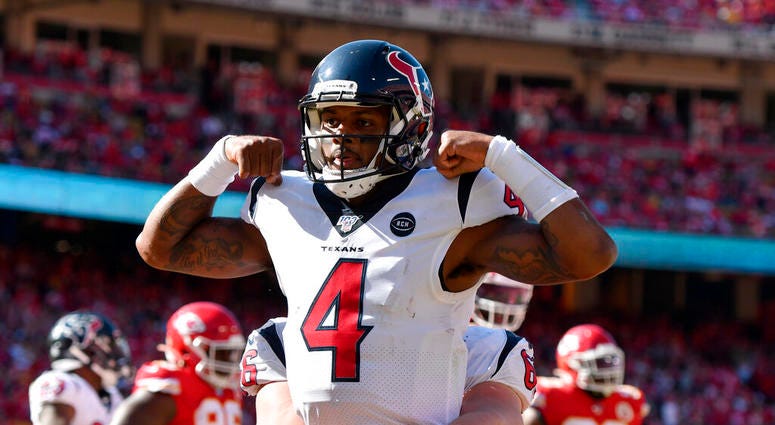 Houston Texans quarterback Deshaun Watson (4) celebrates his touchdown against the Kansas City Chiefs during the second half of an NFL football game in Kansas City, Mo., Sunday, Oct. 13, 2019. Houston Texans quarterback Deshaun Watson (4) celebrates his t Houston Texans quarterback Deshaun Watson (4) celebrates his touchdown against the Kansas City Chiefs during the second half of an NFL football game in Kansas City, Mo., Sunday, Oct. 13, 2019.
