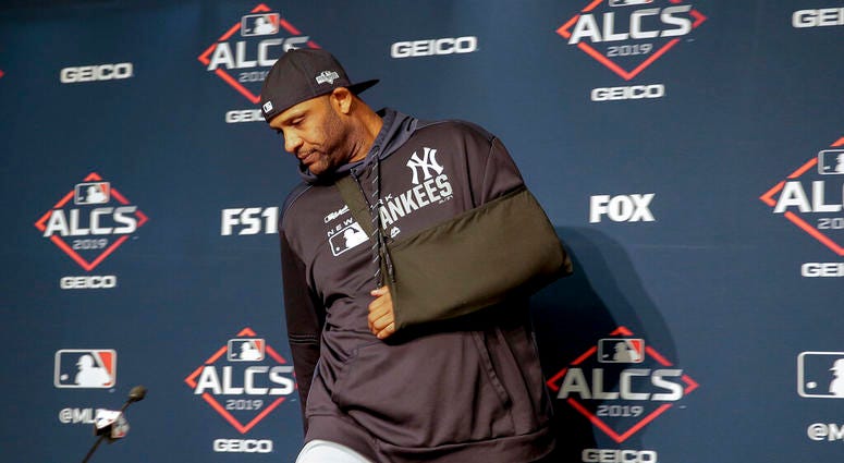 New York Yankees pitcher CC Sabathia arrives at a news conference to answer questions before Game 5 of baseball's American League Championship Series against the Houston Astros, Friday, Oct. 18, 2019, in New York. New York Yankees pitcher CC Sabathia arrives at a news conference to answer questions before Game 5 of baseball's American League Championship Series against the Houston Astros, Friday, Oct. 18, 2019, in New York.