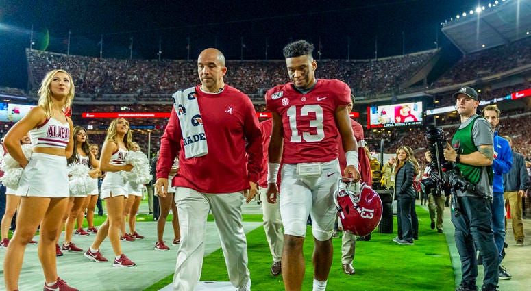 Alabama quarterback Tua Tagovailoa (13) walks off the field hurt against Tennessee during the first half of an NCAA college football game, Saturday, Oct. 19, 2019, in Tuscaloosa, Ala. Alabama quarterback Tua Tagovailoa (13) walks off the field hurt against Tennessee during the first half of an NCAA college football game, Saturday, Oct. 19, 2019, in Tuscaloosa, Ala.