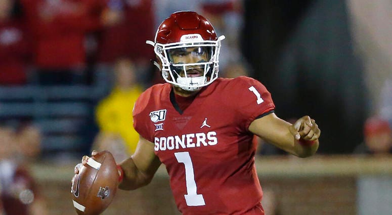 Oklahoma quarterback Jalen Hurts (1) during an NCAA college football game between Iowa State and Oklahoma in Norman, Okla., Saturday, Nov. 9, 2019. Oklahoma quarterback Jalen Hurts (1) during an NCAA college football game between Iowa State and Oklahoma in Norman, Okla., Saturday, Nov. 9, 2019.