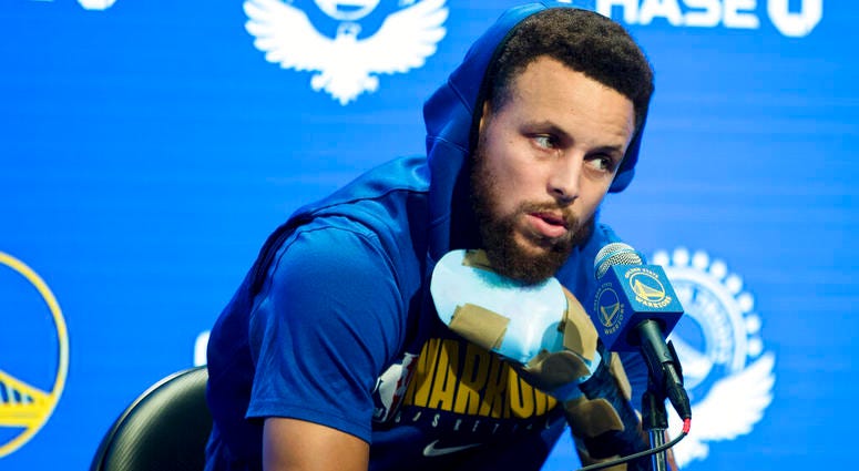 Golden State Warriors' Stephen Curry speaks at a news conference before an NBA basketball game against the Utah Jazz in San Francisco, Monday, Nov. 11, 2019. ap do not use