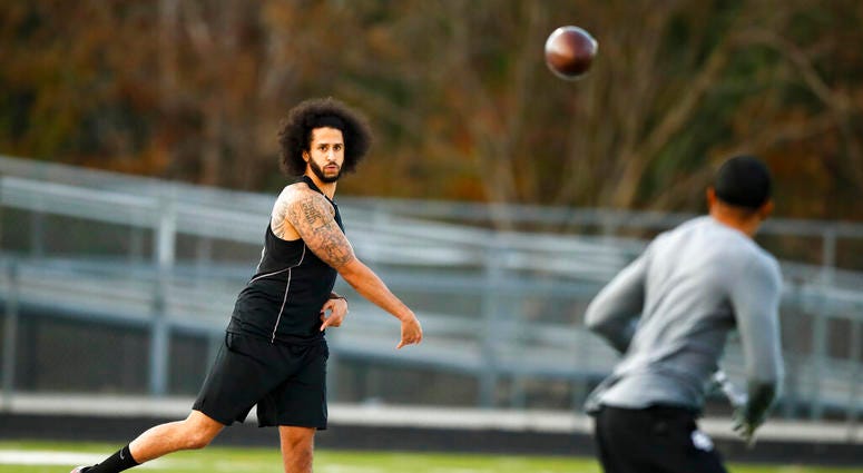Free agent quarterback Colin Kaepernick participates in a workout for NFL football scouts and media, Saturday, Nov. 16, 2019, in Riverdale, Ga. Free agent quarterback Colin Kaepernick participates in a workout for NFL football scouts and media, Saturday, Nov. 16, 2019, in Riverdale, Ga.