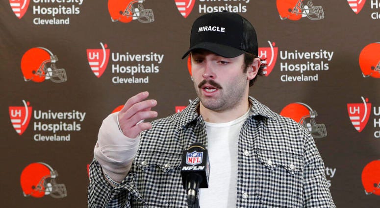 Cleveland Browns quarterback Baker Mayfield answers questions about his injured hand during a news conference after an NFL football game against the Pittsburgh Steelers, Sunday, Dec. 1, 2019, in Pittsburgh.