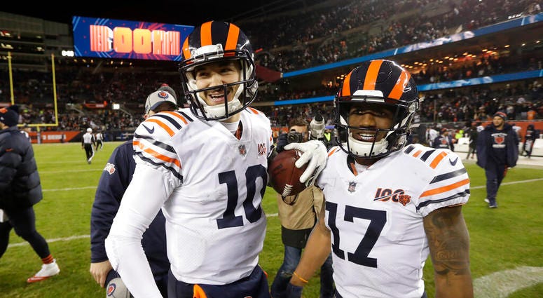 Chicago Bears quarterback Mitchell Trubisky and wide receiver Anthony Miller (17) react following an NFL football game against the Dallas Cowboys, Thursday, Dec. 5, 2019, in Chicago. Chicago won 31-24. Chicago Bears quarterback Mitchell Trubisky and wide receiver Anthony Miller (17) react following an NFL football game against the Dallas Cowboys, Thursday, Dec. 5, 2019, in Chicago. Chicago won 31-24.