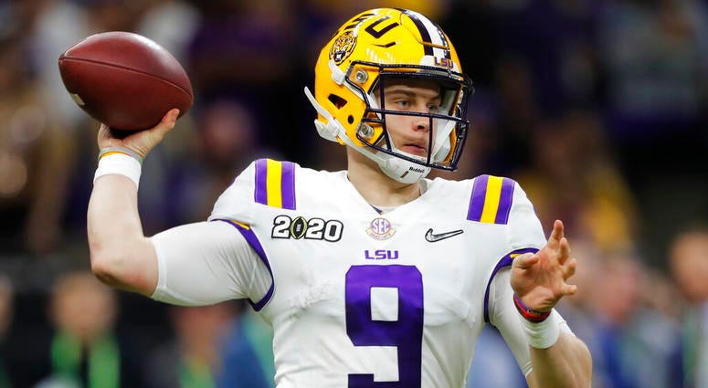 LSU quarterback Joe Burrow passes against Clemson during the second half of a NCAA College Football Playoff national championship game Monday, Jan. 13, 2020, in New Orleans. AP DO NOT USE