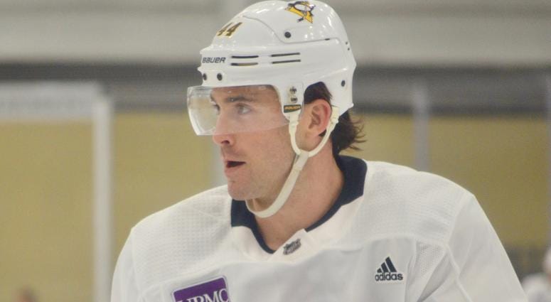 Penguins defense Erik Gudbranson at his first practice with Pittsburgh on February, 27, 2019