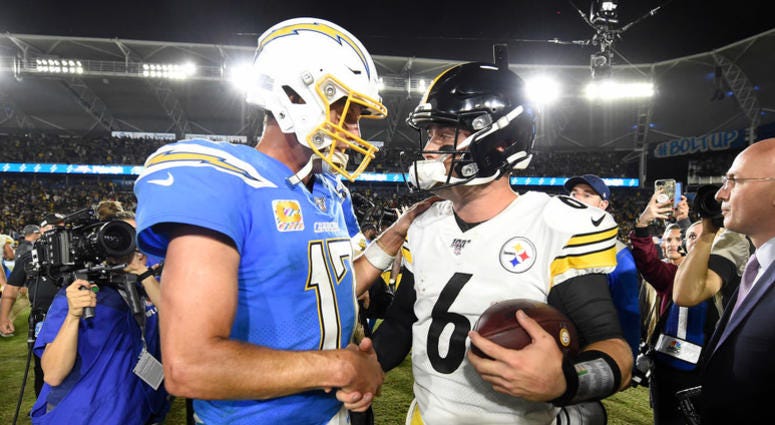 Philip Rivers of the Los Angeles Chargers congratulates Devlin Hodges of the Pittsburgh Steelers after a 24-17 Steelers win Philip Rivers of the Los Angeles Chargers congratulates Devlin Hodges of the Pittsburgh Steelers after a 24-17 Steelers win