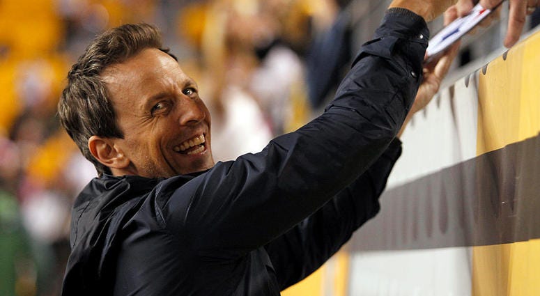 OCTOBER 20: Late night talk show host Seth Myers signs autographs before the game between the Pittsburgh Steelers and the Houston Texans on October 20, 2014 at Heinz Field in Pittsburgh, Pennsylvania.