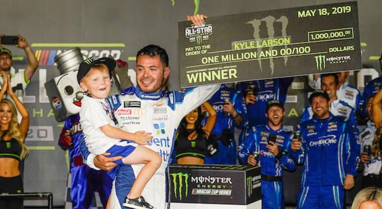 Chip Ganassi Racing's Kyle Larson Celebrates In Victory Lane With Son Owen After Winning NASCAR All-Star Race And $1-Million-Dollar Prize Chip Ganassi Racing's Kyle Larson Wins NASCAR All-Star Race In Charlotte