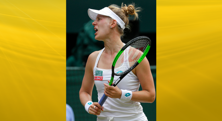 United States' Alison Riske reacts after losing a point during a women's quarterfinal match against United States' Serena Williams on day eight of the Wimbledon Tennis Championships in London, Tuesday, July 9, 2019.