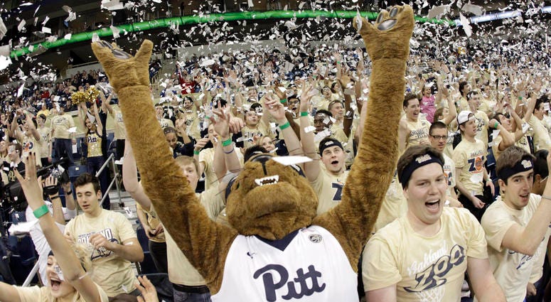 The Pittsburgh Panthers mascot and student section cheer after scoring against the Virginia Tech Hokies during the first half at the Petersen Events Center.