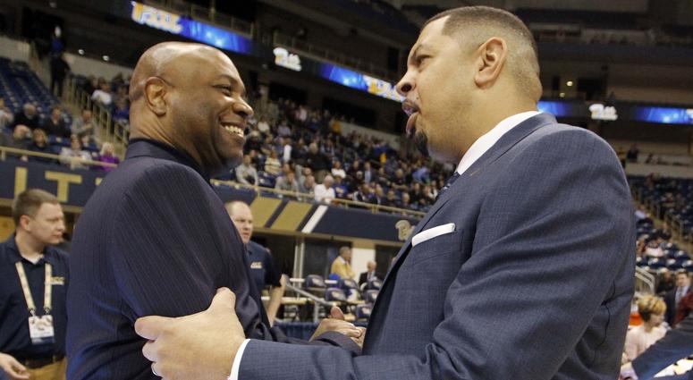 Florida State Seminoles head coach Leonard Hamilton (left) and Pittsburgh Panthers head coach Jeff Capel (right) shake hands before their teams play at the Petersen Events Center.