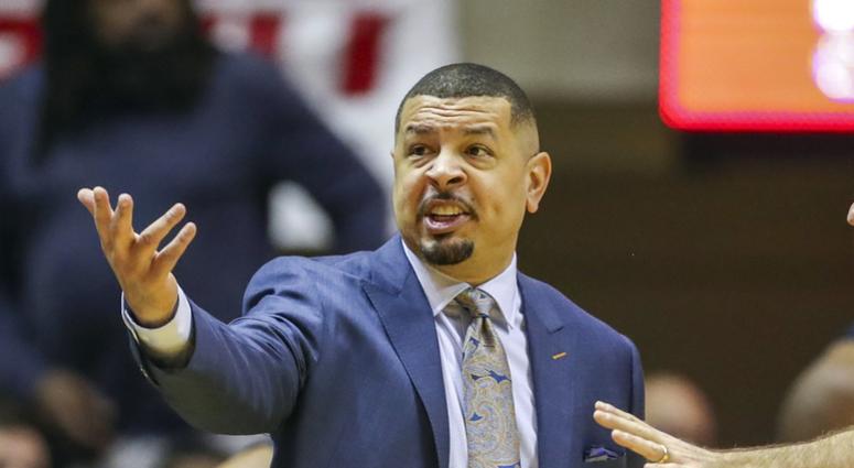 Pittsburgh Panthers head coach Jeff Capel argues a call during the first half against the West Virginia Mountaineers at WVU Coliseum.