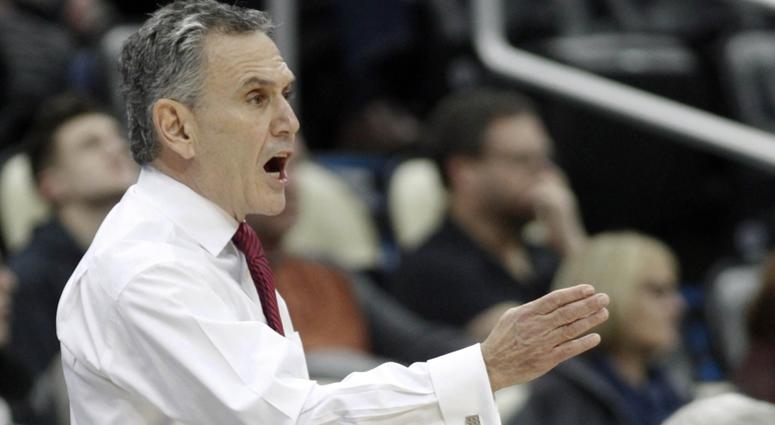 Duquesne Dukes head coach Keith Dambrot gestures on the sidelines against the Pittsburgh Panthers during the first half at PPG Paints Arena. Pittsburgh won 74-53.