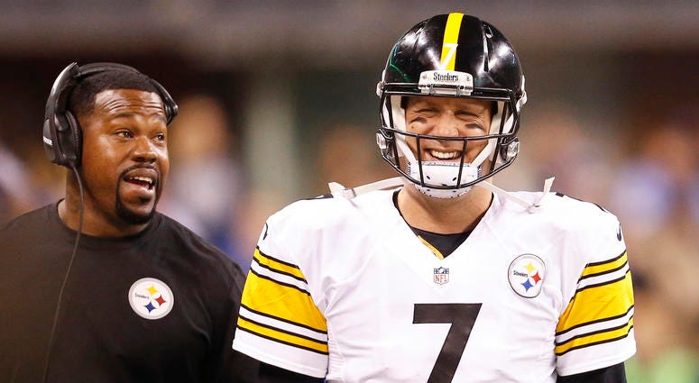 Pittsburgh Steelers quarterback Ben Roethlisberger (7) is all smiles on the sidelines with linebackers coach, and former player, Joey Porter, Pittsburgh Steelers quarterback Ben Roethlisberger (7) is all smiles on the sidelines with linebackers coach, and former player, Joey Porter,