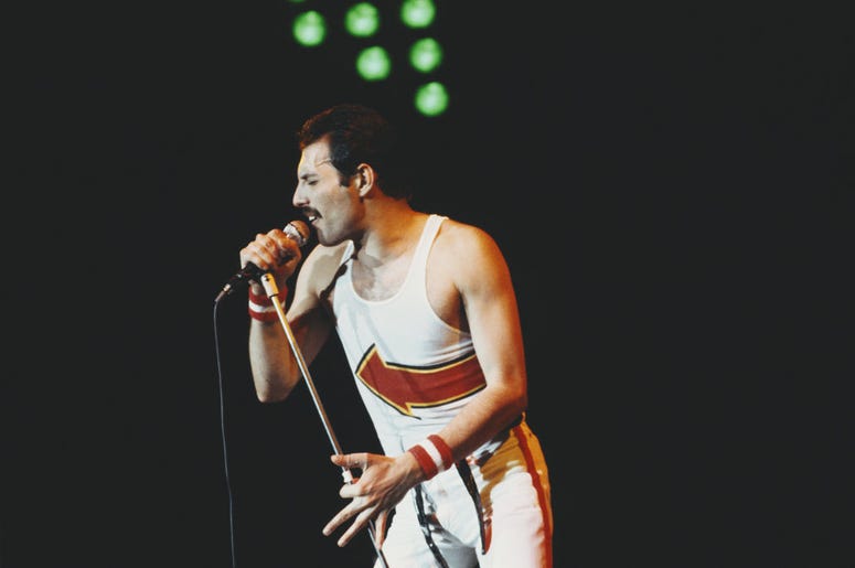 British singer and songwriter Freddie Mercury of rock band Queen performs at Leeds Football Club, England, 29th May 1982 British singer and songwriter Freddie Mercury of rock band Queen performs at Leeds Football Club, England, 29th May 1982