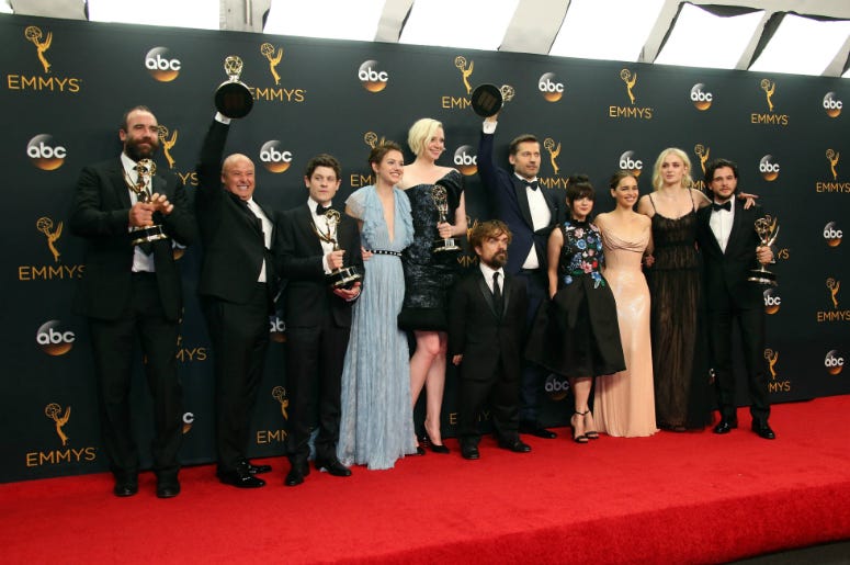 The cast of Game of Thrones pose with their Awards for Outstanding Drama Series in the photo room during 68th Emmy Awards at the Microsoft Theater. The cast of Game of Thrones pose with their Awards for Outstanding Drama Series in the photo room during 68th Emmy Awards at the Microsoft Theater.