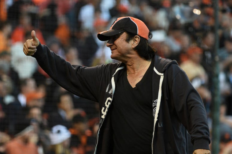 Recording artist Steve Perry gestures to the crowd before game four of the 2014 NLDS baseball playoff Recording artist Steve Perry gestures to the crowd before game four of the 2014 NLDS baseball playoff