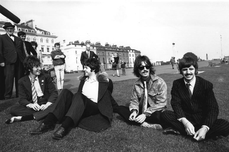 The Beatles take a break during the filming of 'The Magical Mystery Tour' The Beatles take a break during the filming of 'The Magical Mystery Tour'