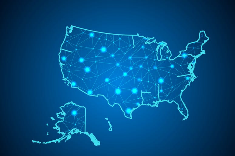 Abstract mash line and point scales on dark background with Map of usa. Wire frame 3D mesh polygonal network line, design sphere, dot and structure. communications map of usa. Abstract mash line and point scales on dark background with Map of usa. Wire frame 3D mesh polygonal network line, design sphere, dot and structure. communications map of usa.